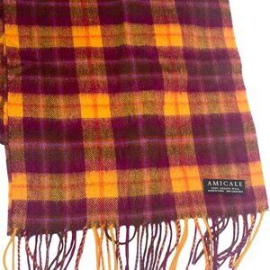 Amicale Merino Wool Plaid Scarf yellow Orange & Fuchia Purple Tartan Fringed
